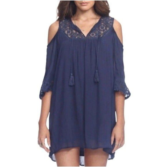 Heartloom Mini Dress Womens Large Navy Cold Shoulder Lined Bohemian Langenlook - Picture 2 of 12